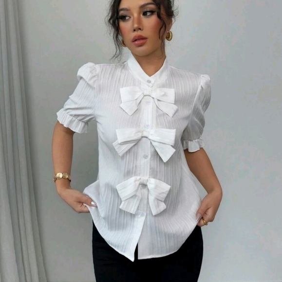 Fashion Versatile Stand Collar Bow Decor Bubble Sleeve Textured Fabric Women - Picture 1 of 4